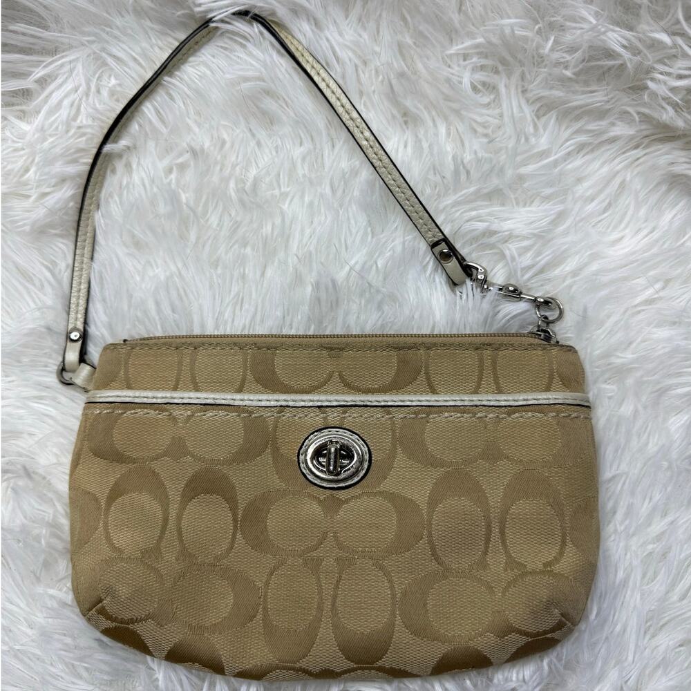 COACH Tan Signature Canvas Turnlock Wristlet